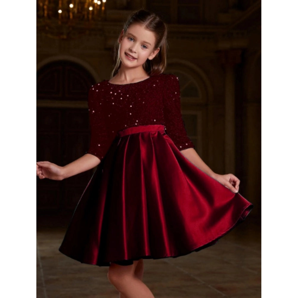 Maroon rayon girl's western dress, solid round neck with short sleeves