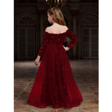 Maroon rayon solid off-shoulder western dress for girls, long sleeves fashion on mannequin