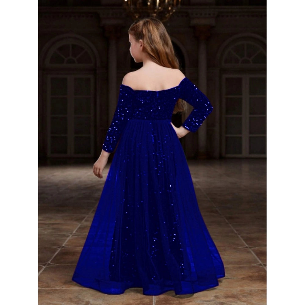 Blue rayon solid off-shoulder western dress for girls, long sleeves with western style
