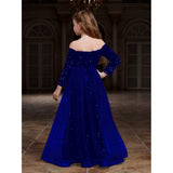 Blue rayon solid off-shoulder western dress for girls, long sleeves with western style
