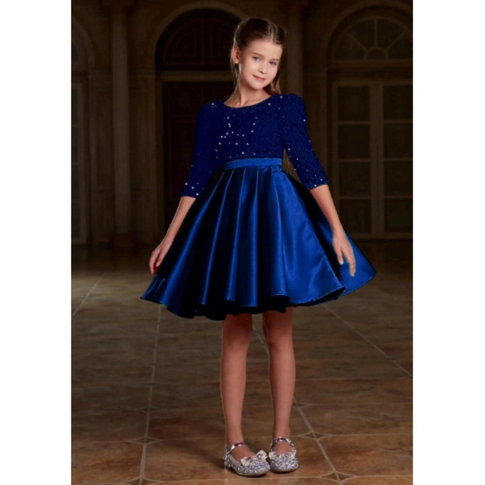 Blue rayon girl's western dress, solid pattern with short sleeves