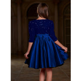 Blue rayon girl's western dress with short sleeves and round neck, solid pattern