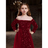 Maroon rayon girl's western dress with off shoulder and long sleeves