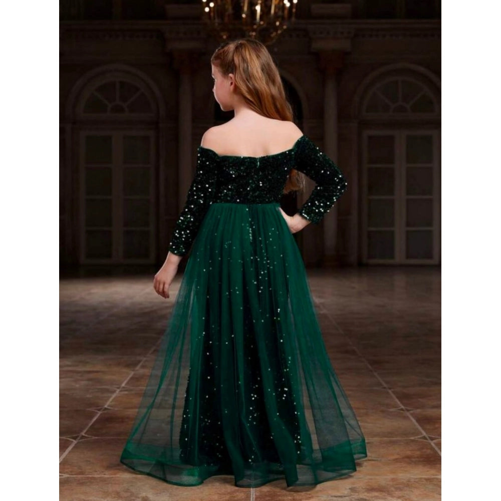 Green rayon solid off-shoulder western dress for girls with long sleeves