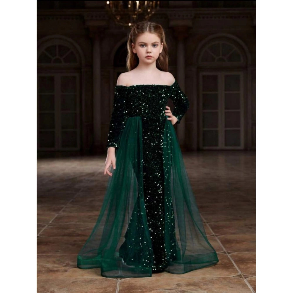 Green rayon girl's western dress with off-shoulder neckline and long sleeves
