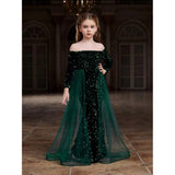 Green rayon girl's western dress with off-shoulder neckline and long sleeves