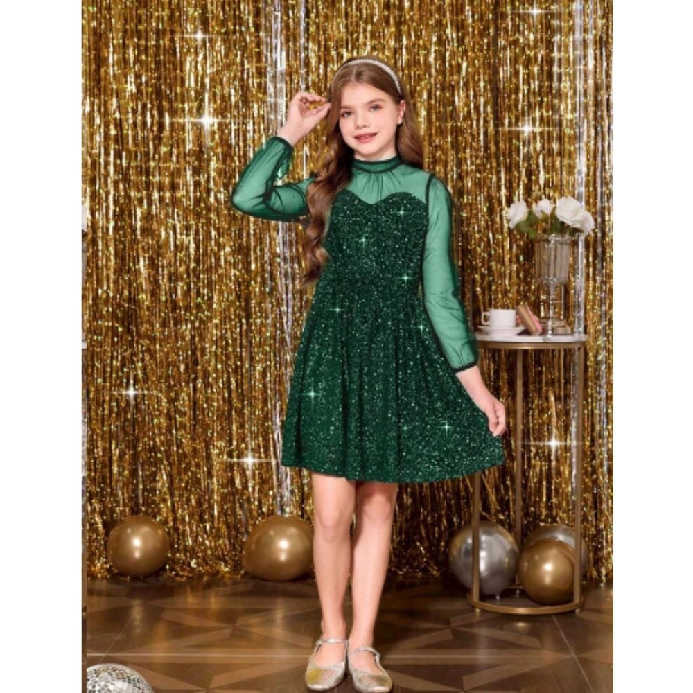 Green rayon solid round neck western dress for girls with long sleeves