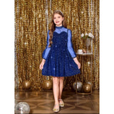 Blue rayon girl's western dress with long sleeves, solid pattern