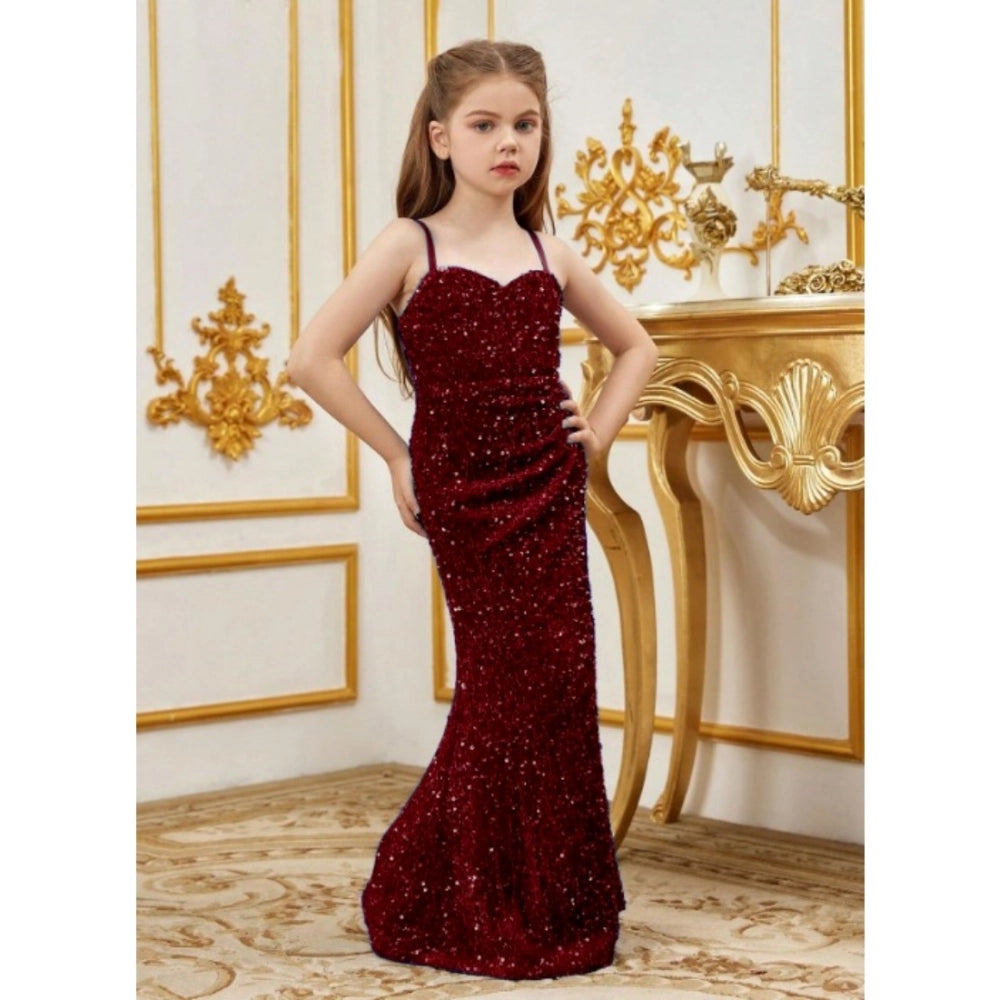 Maroon rayon solid off-shoulder western dress for girls, sleeveless with a fashionable look