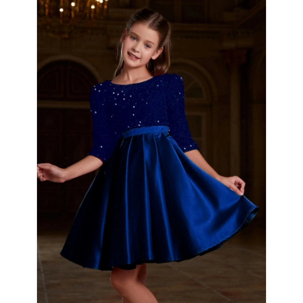 Blue rayon girl's western dress, solid round neck with short sleeves