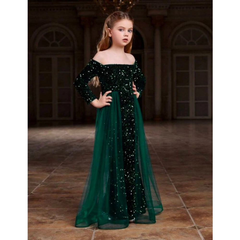 Green rayon girl's western dress with off shoulder long sleeves, solid pattern