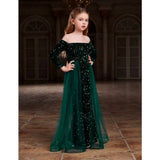 Green rayon girl's western dress with off shoulder long sleeves, solid pattern