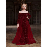Maroon rayon solid off-shoulder western dress for girls, long sleeve style