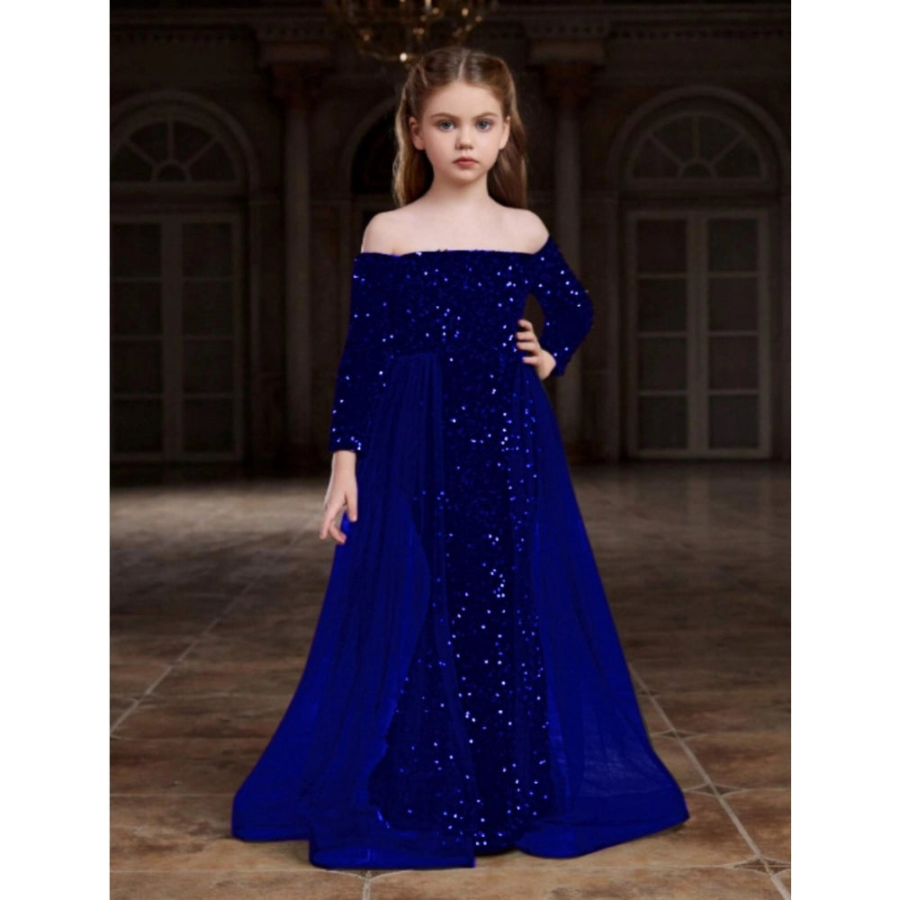 Blue rayon off-shoulder western dress for girls, long sleeves, solid pattern