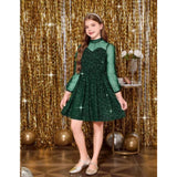Green rayon solid round neck western dress for girls, long-sleeved style