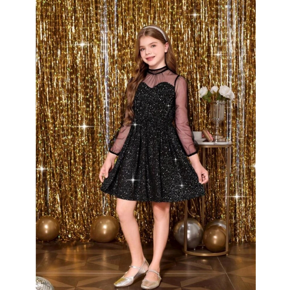 Black rayon girl's western dress, solid round neck with long sleeves