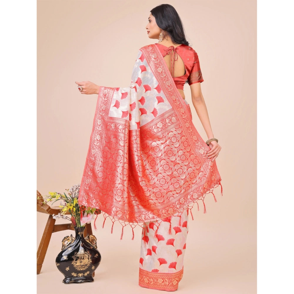 Red linen cotton printed saree with unstitched blouse (5.5mtr), vibrant ethnic wear for women