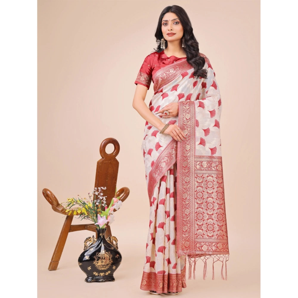 Red linen cotton printed saree with unstitched blouse (5.5mtr)