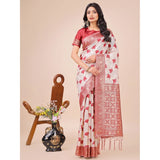 Red linen cotton printed saree with unstitched blouse (5.5mtr)