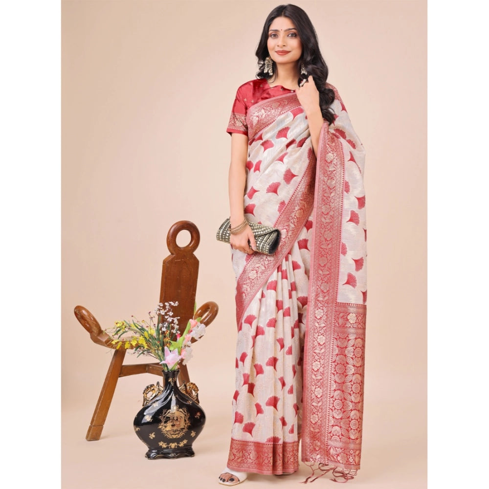 Maroon linen-cotton printed saree with unstitched blouse (5.5mtr), traditional Indian wear on mannequin