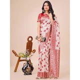 Maroon linen-cotton printed saree with unstitched blouse (5.5mtr), traditional Indian wear on mannequin