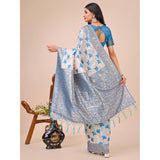 Sky blue linen cotton printed saree with unstitched blouse, vibrant Indian fashion accessory