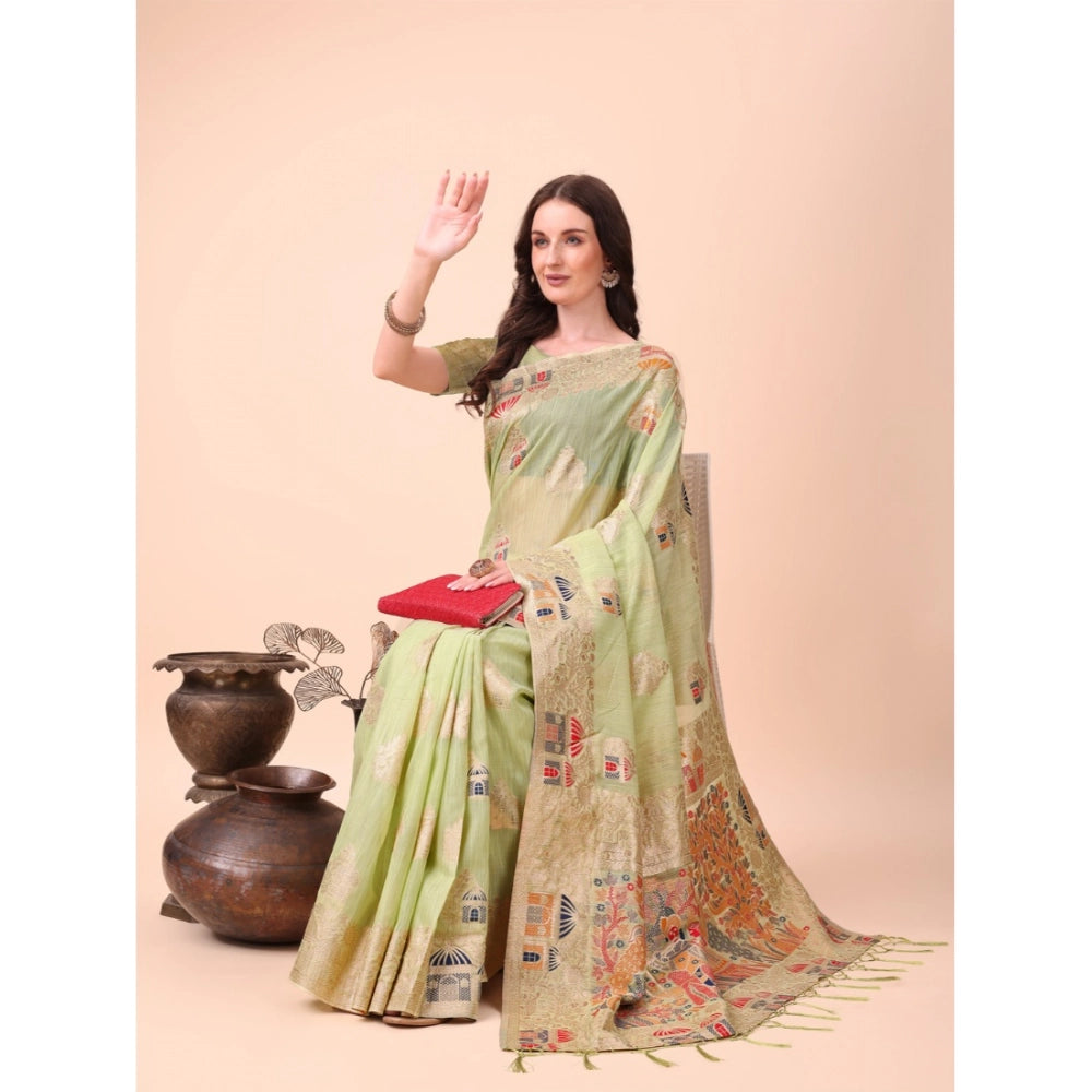 Light green linen cotton printed saree with unstitched blouse, vibrant floral patterns on display