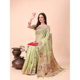 Light green linen cotton printed saree with unstitched blouse, vibrant floral patterns on display