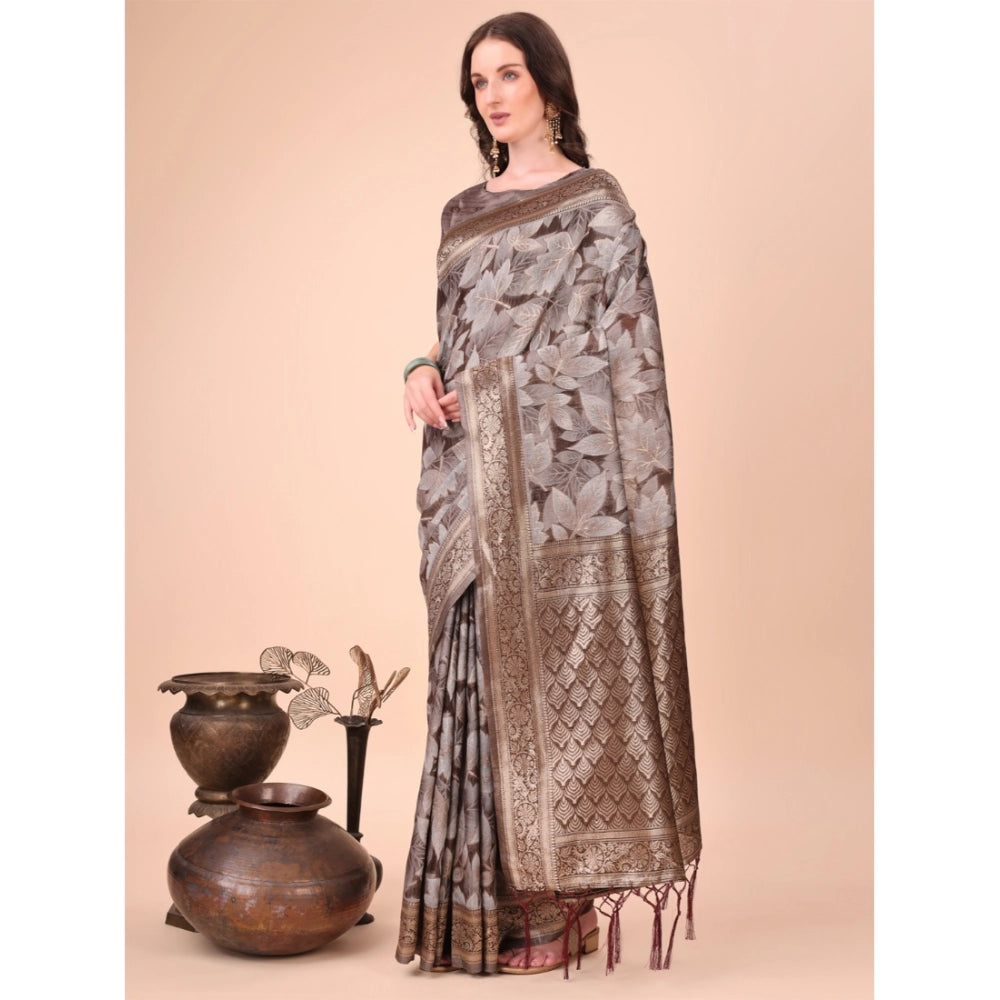 Brown cotton printed saree with unstitched blouse (5.5mtr) - traditional Indian attire for women