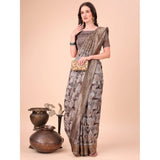Brown cotton printed saree with unstitched blouse (5.5mtr), vibrant design for traditional Indian wear