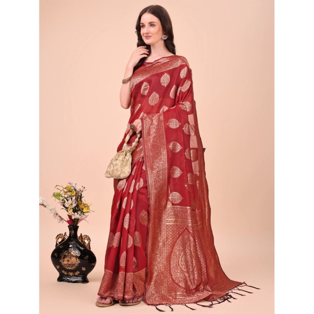 Maroon cotton printed saree with unstitched blouse (5.5Mtr), classic Indian women's wear