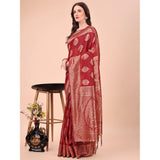Maroon cotton printed saree with unstitched blouse (5.5mtr), traditional Indian attire on mannequin