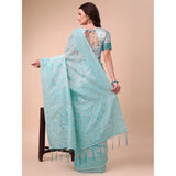 Sky blue cotton printed saree with unstitched blouse (5.5mtr), vibrant Indian fashion for women on display