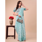 Sky Blue cotton printed saree with unstitched blouse, vibrant design for women's traditional wear