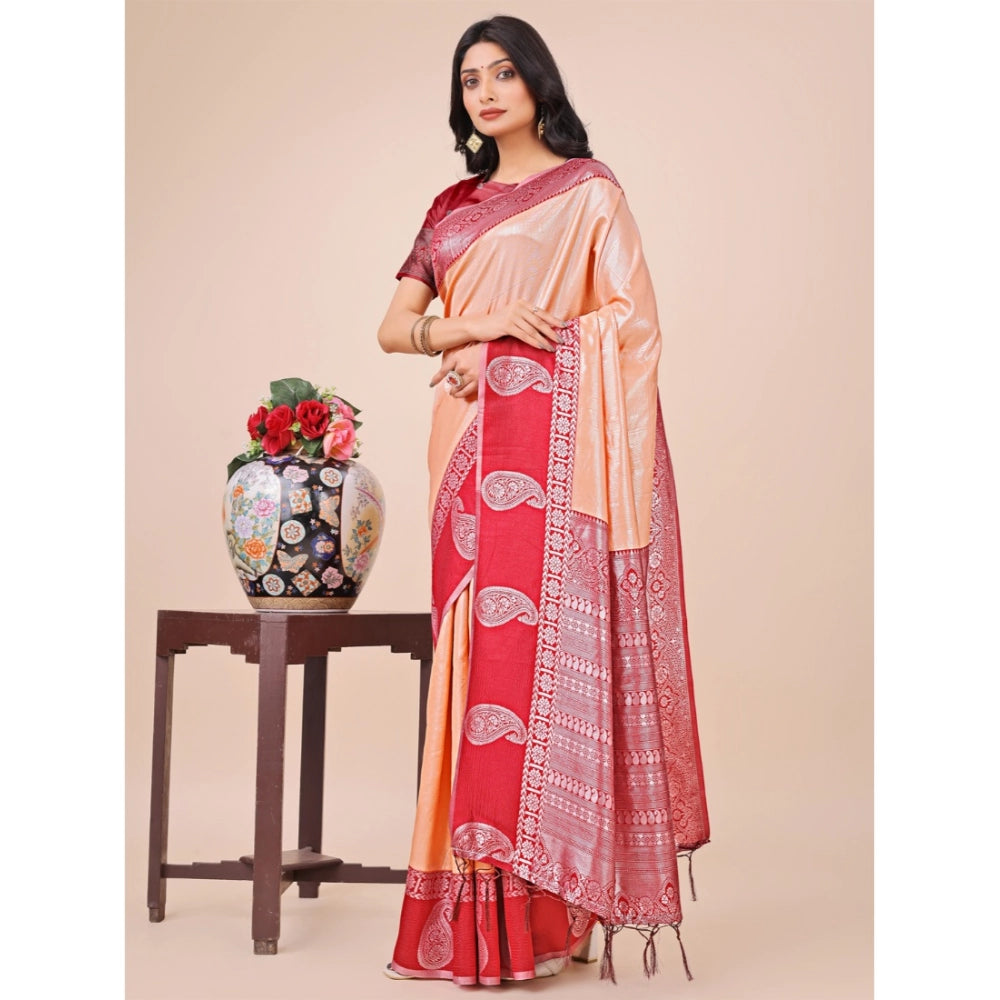 Peach lichi silk printed saree with unstitched blouse (5.5Mtr), traditional Indian fashion accessory