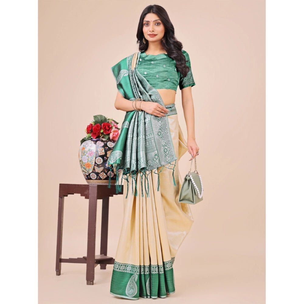 Lichi silk printed cream saree with unstitched blouse, vibrant design for women's traditional Indian wear