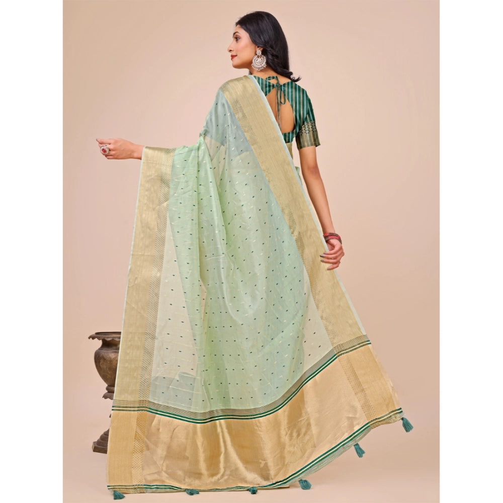 Olive green organza printed saree with unstitched blouse (5.5Mtr), traditional Indian attire for women