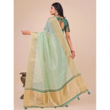 Olive green organza printed saree with unstitched blouse (5.5Mtr), traditional Indian attire for women