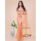 Light pink organza printed saree with unstitched blouse, intricate floral design on display rack