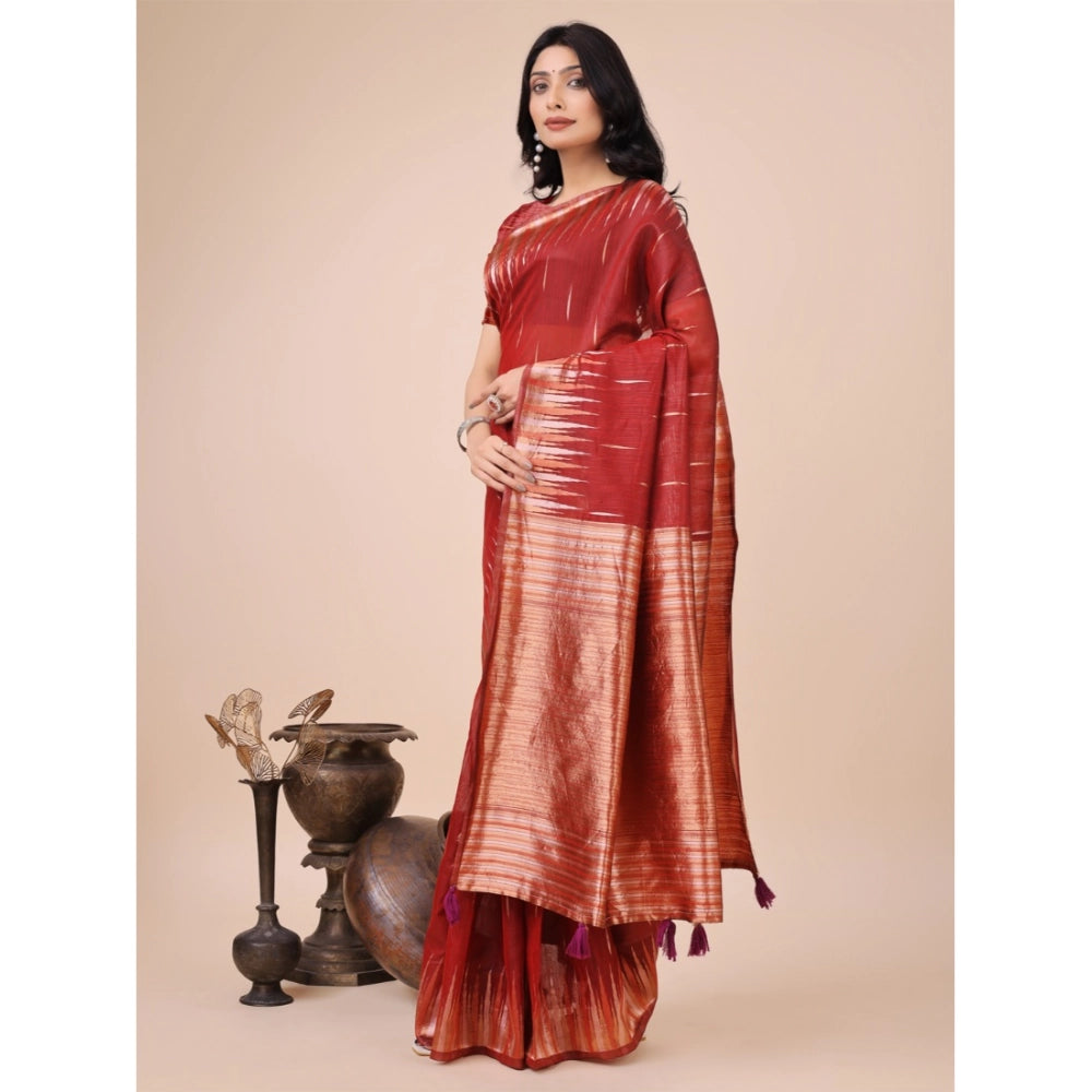 Red linen cotton printed saree with unstitched blouse, 5.5mtr - traditional Indian women's wear