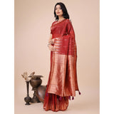 Red linen cotton printed saree with unstitched blouse, 5.5mtr - traditional Indian women's wear