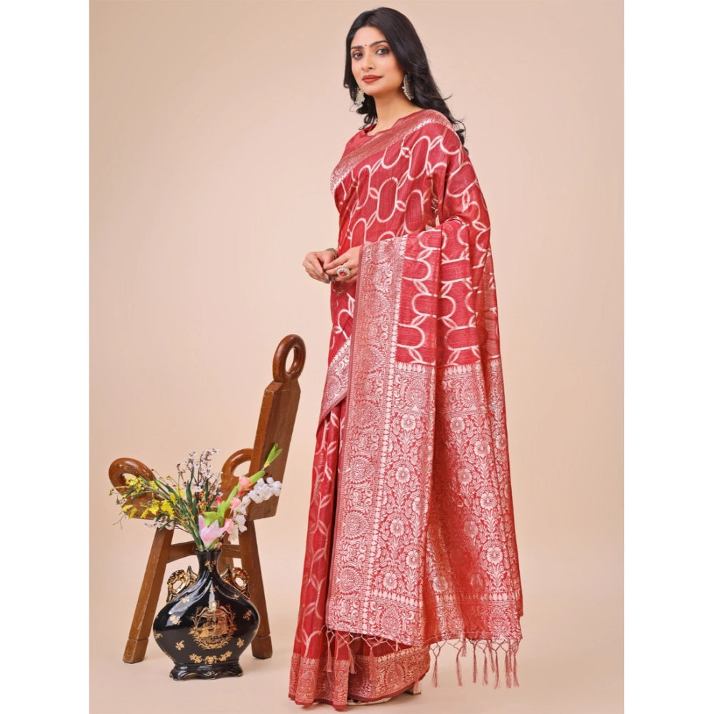 Red linen-cotton printed saree with unstitched blouse (5.5mtr), traditional Indian wear for women