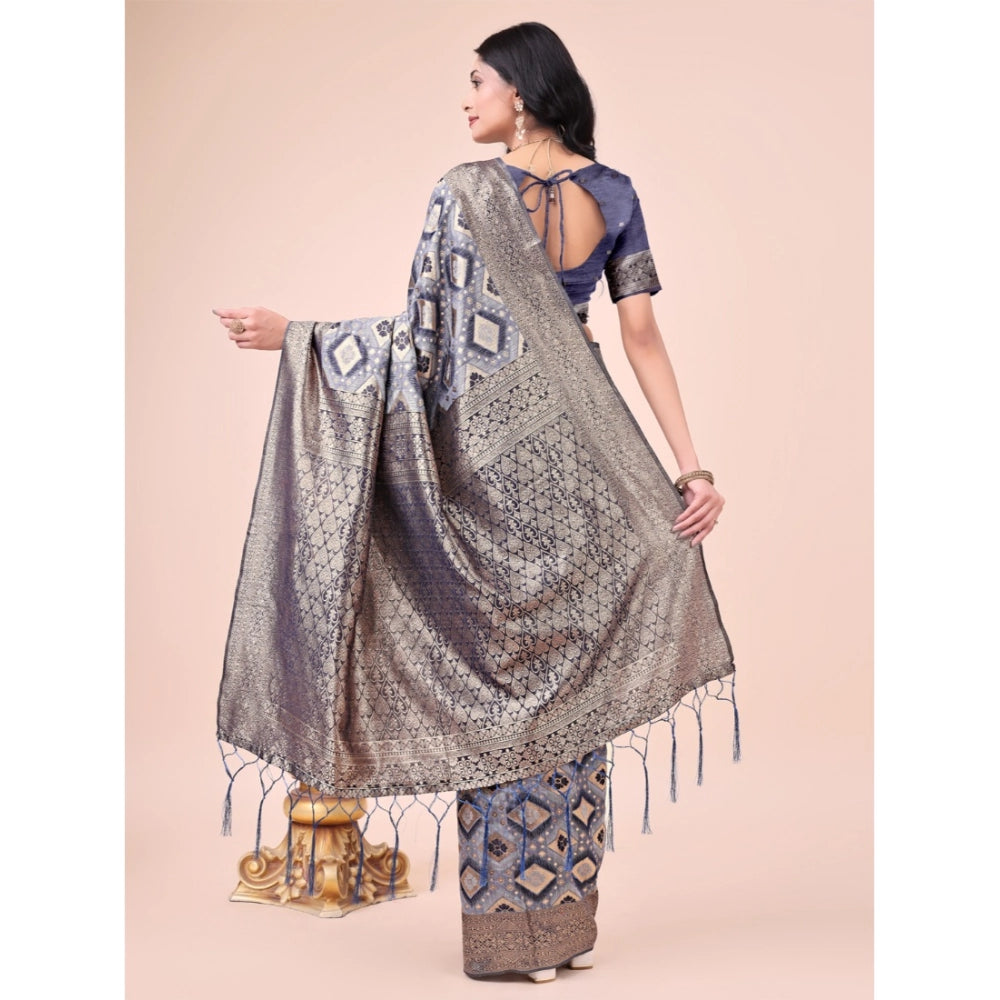 Navy blue cotton printed saree with unstitched blouse, vibrant design on display