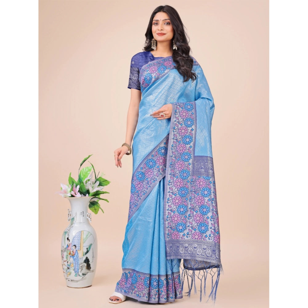 Sky blue lichi silk printed saree with unstitched blouse (5.5mtr), traditional Indian women's fashion accessory