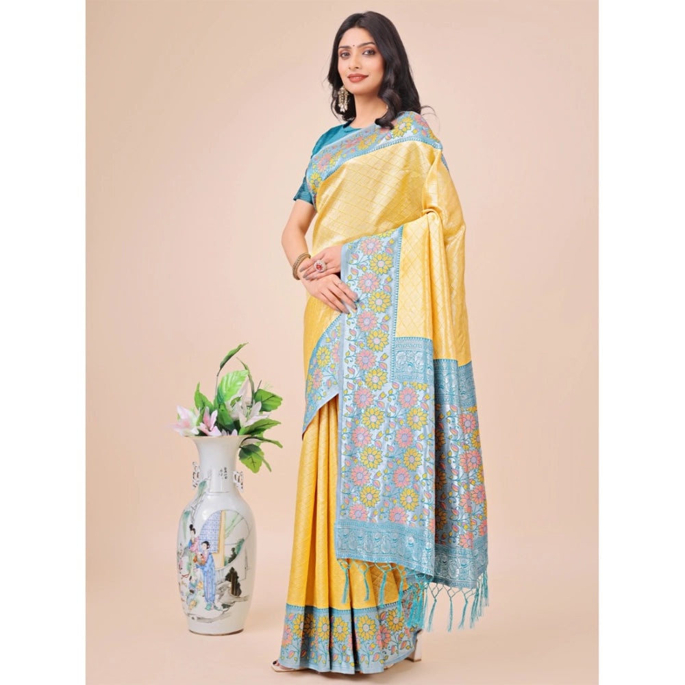 Yellow Lichi silk printed saree with unstitched blouse (5.5Mtr) on mannequin