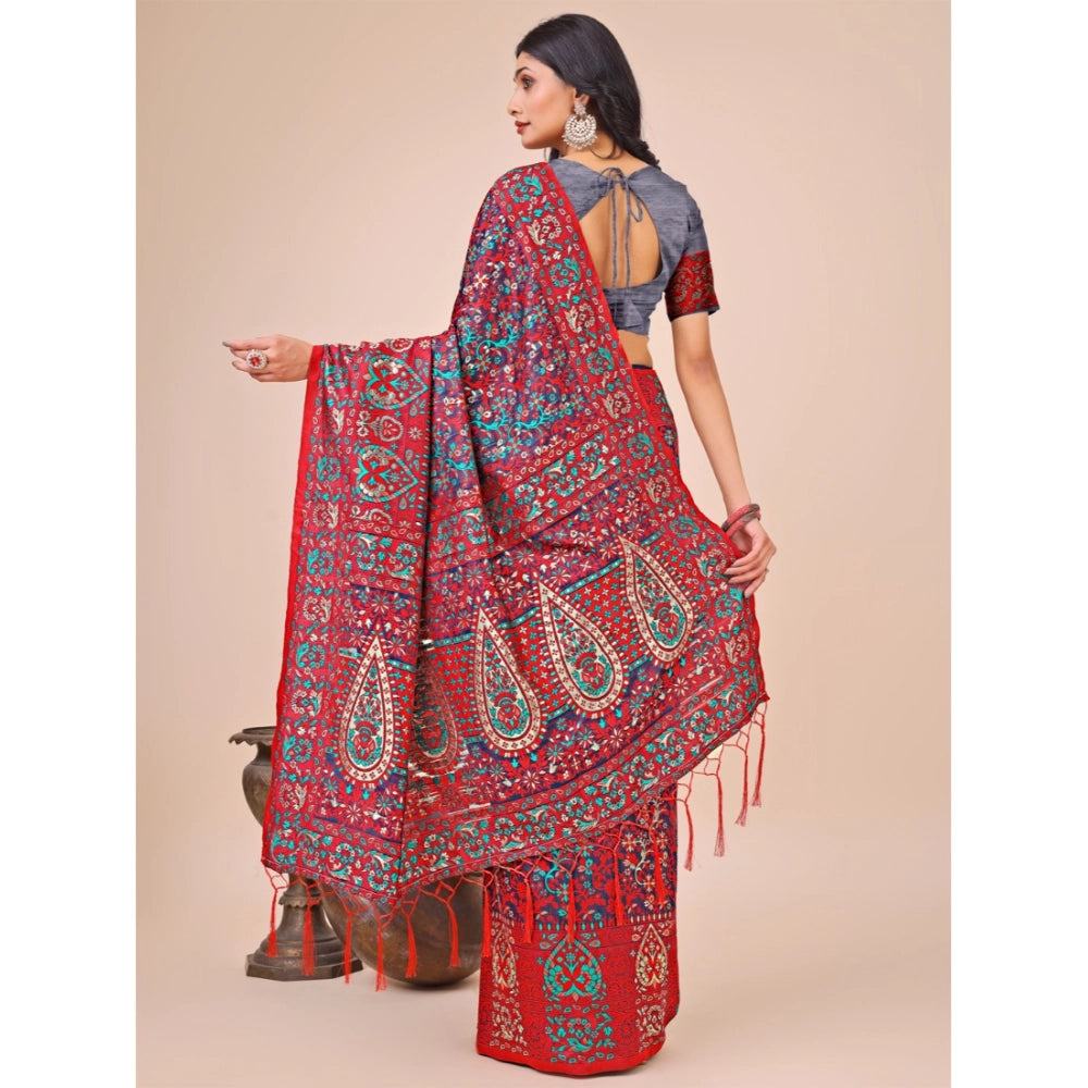 Red cotton printed saree with unstitched blouse (5.5mtr), traditional Indian wear
