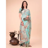 Sky blue linen cotton printed saree with unstitched blouse (5.5Mtr), wearable art for women's traditional Indian fashion