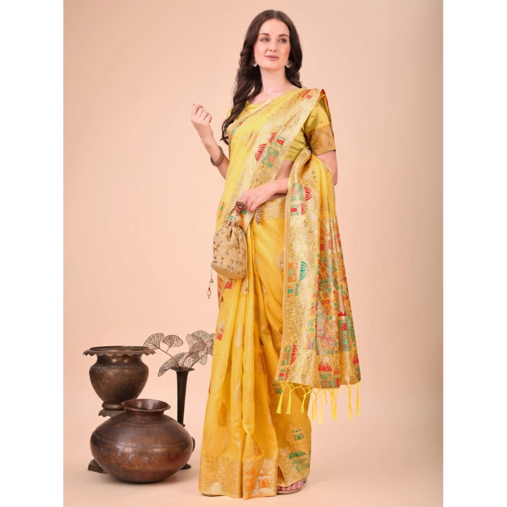 Yellow linen cotton printed saree with unstitched blouse (5.5Mtr), vibrant Indian fashion wear
