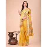 Yellow linen cotton printed saree with unstitched blouse (5.5Mtr), vibrant Indian fashion wear