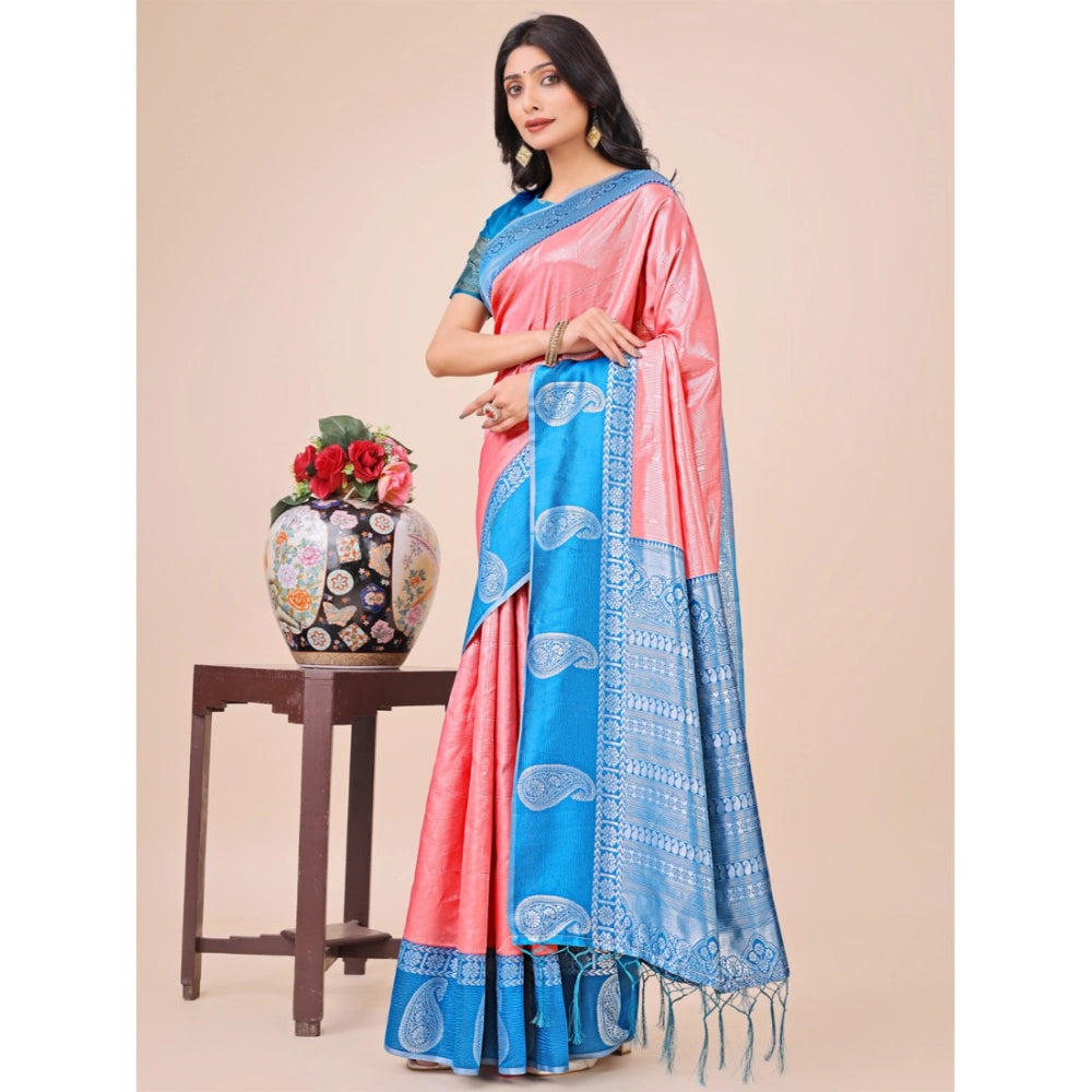 Peach Lichi silk printed saree with unstitched blouse, vibrant Indian women's fashion accessory